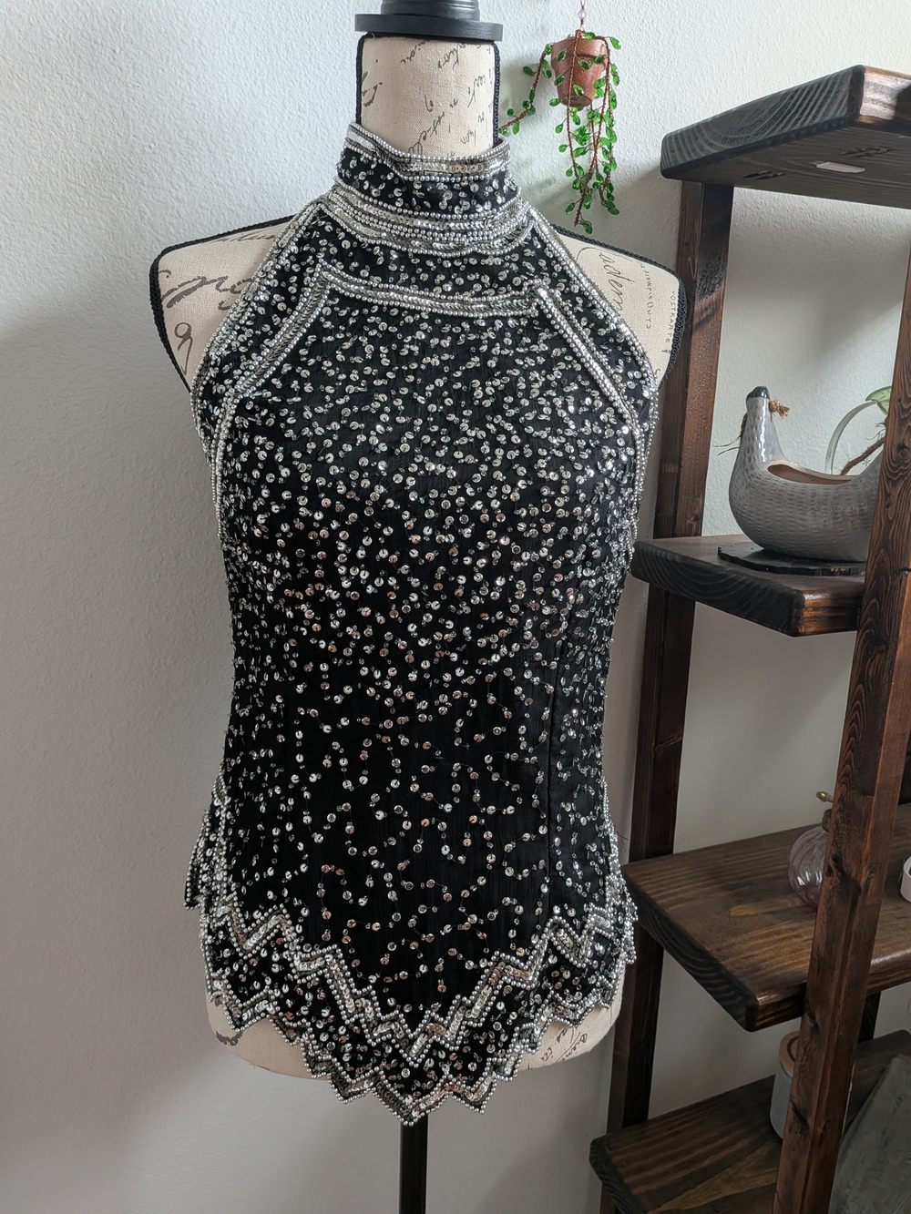 Vintage Laurence Kazar Black Halter Top with Silver Beading